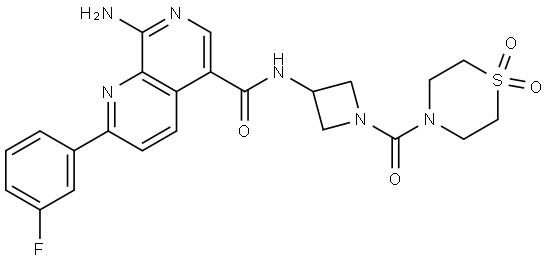 8-氨基-N-[1-[(1,1-二氧代-4-硫代吗啉基)羰基]-3-氮杂环丁基]-2-(3-氟苯基)-1,7-萘啶-5-甲酰胺 结构式