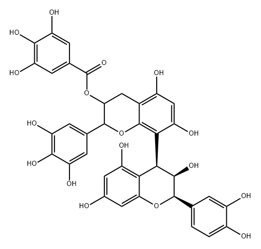 3,4,5-三羟基苯甲酸-(2R,2'R,3S,3'R,4S)-2-(3,4-二羟基苯基)-3,3',4,4'-四氢-3,5,5',7,7'-五羟基-2'-(3,4,5-三羟基苯基)[4,8'-联-2H-1-苯并吡喃]-3'-基酯 结构式