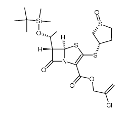 4-Thia-1-azabicyclo[3.2.0]hept-2-ene-2-carboxylic acid, 6-[1-[[(1,1-dimethylethyl)dimethylsilyl]oxy]ethyl]-7-oxo-3-[(tetrahydro-1-oxido-3-thienyl)thio]-, 2-chloro-2-propenyl ester, [5R-[3(1R*,3S*),5α,6α(R*)]]- 结构式