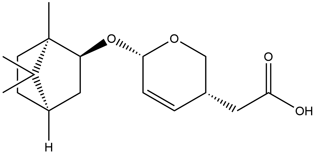 3,6-二氢-6-[(1,7,7-三甲基双环[2.2.1]庚-2-基)氧基]-2H-吡喃-3-乙酸, [1S-[1α,2β(3S*,6R*),4α]]- 结构式