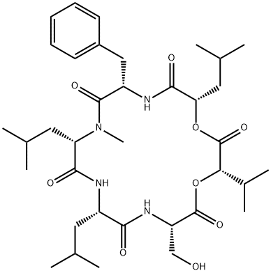 1,4-Dioxa-7,10,13,16-tetraazacyclooctadecane-2,5,8,11,14,17-hexone, 6-(hydroxymethyl)-13-methyl-3-(1-methylethyl)-9,12,18-tris(2-methylpropyl)-15-(phenylmethyl)-, (3S,6S,9S,12S,15S,18S)- 结构式