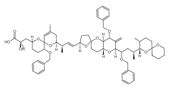 1,7-Dioxaspiro[5.5]undec-10-ene-2-propanoic acid, α-hydroxy-α,10-dimethyl-8-[1-methyl-3-[octahydro-6′-[3-(3-methyl-1,7-dioxaspiro[5.5]undec-2-yl)-1-(phenylmethoxy)butyl]-7-methylene-8-(phenylmethoxy)spiro[furan-2(3H),2′(3′H)-pyrano[3,2-b]pyran]-5-yl]-2-propenyl]-5-(phenylmethoxy)-, [2′R-[2′α[R*[1R*[2S*(R*),5R*,6R*,11S*],3E]],4′aβ,6′β[1S*,3S*(2R*,3R*,6S*)],8′α,8′aα]]- 结构式