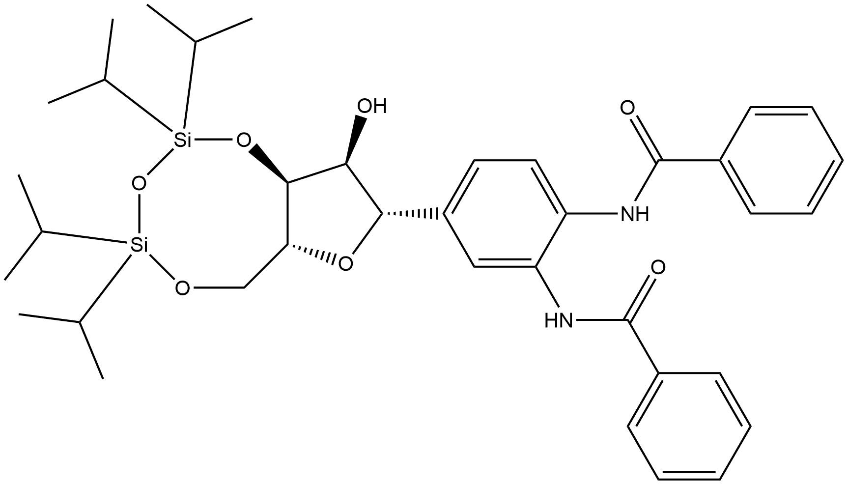 Benzamide, N,N'-[4-[3,5-O-[1,1,3,3-tetrakis(1-methylethyl)-1,3-disiloxanediyl]-β-D-ribofuranosyl]-1,2-phenylene]bis- (9CI) 结构式