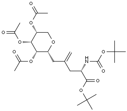 D-glycero-D-manno-Deconic acid, 6,10-anhydro-2,3,4,5-tetradeoxy-2-[[(1,1-dimethylethoxy)carbonyl]amino]-4-methylene-, 1,1-dimethylethyl ester, 7,8,9-triacetate 结构式