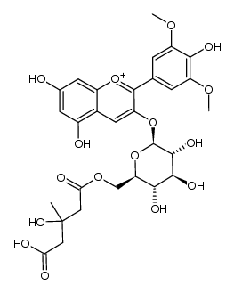 1-Benzopyrylium, 3-[[6-O-(4-carboxy-3-hydroxy-3-methyl-1-oxobutyl)-β-D-glucopyranosyl]oxy]-5,7-dihydroxy-2-(4-hydroxy-3,5-dimethoxyphenyl)- 结构式