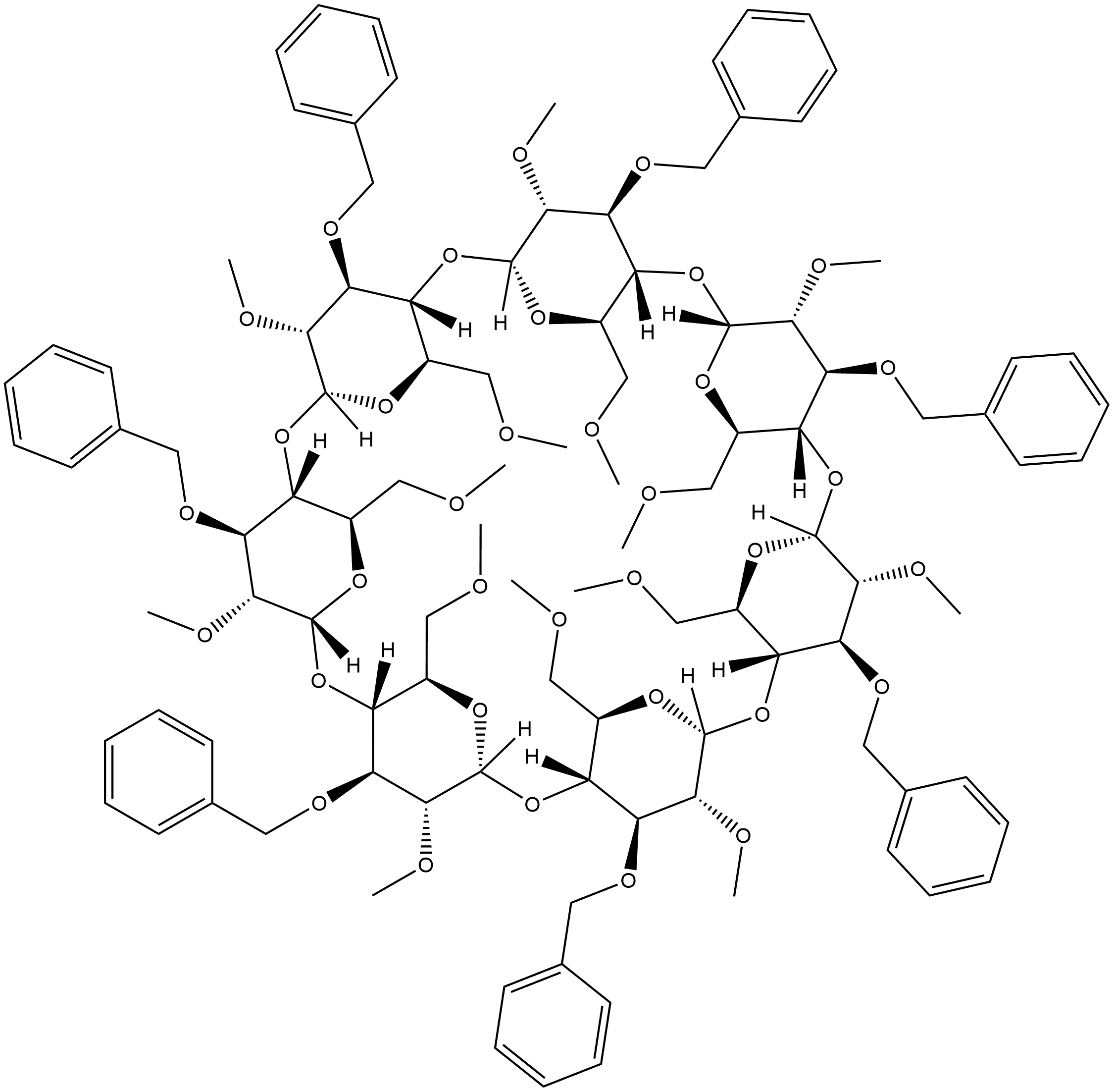 β-Cyclodextrin, 2A,2B,2C,2D,2E,2F,2G,6A,6B,6C,6D,6E,6F,6G-tetradeca-O-methyl-3A,3B,3C,3D,3E,3F,3G-heptakis-O-(phenylmethyl)- (9CI) 结构式