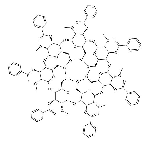 β-Cyclodextrin, 2A,2B,2C,2D,2E,2F,2G,6A,6B,6C,6D,6E,6F,6G-tetradeca-O-methyl-, heptabenzoate (9CI) 结构式
