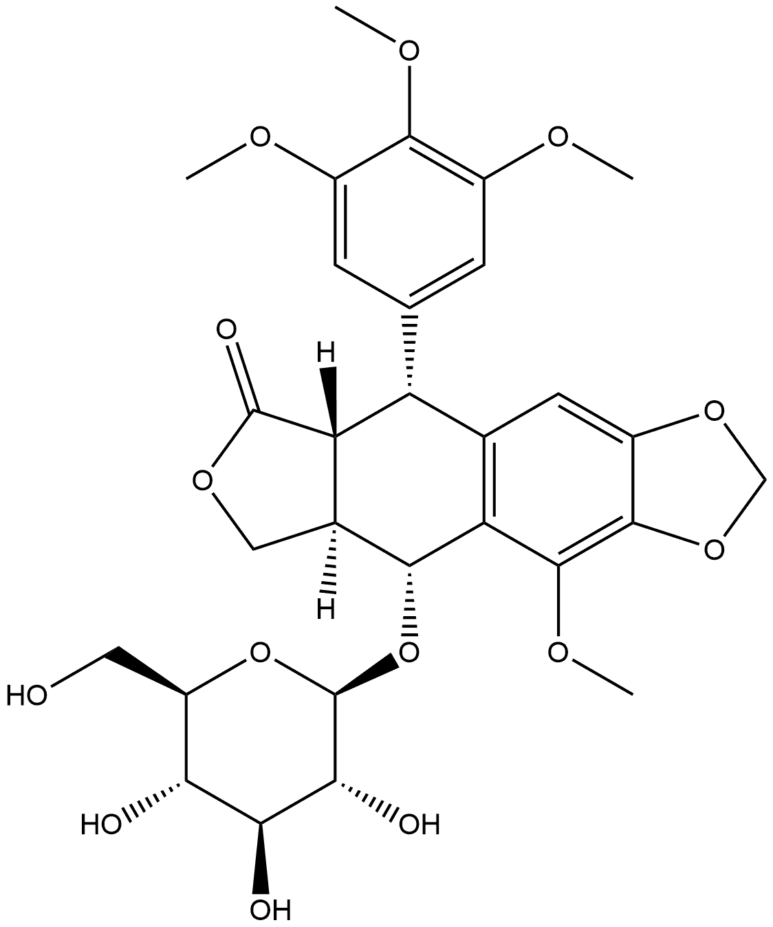 9-(β-D-吡喃葡萄糖氧基)-5,8,8a,9-四氢-10-甲氧基-5-(3,4,5-三甲氧基苯基)呋喃[3',4':6,7]萘并[2,3-d]-1,3-二氧杂环戊烯-6(5aH)-酮,(5R,5aR,8aR,9R)- 结构式