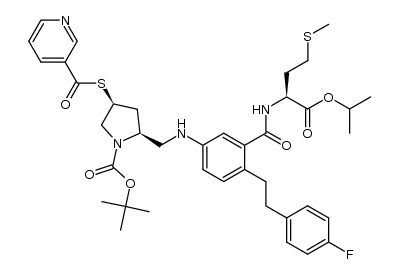 1-Pyrrolidinecarboxylic acid, 2-[[[4-[2-(4-fluorophenyl)ethyl]-3-[[[(1S)-1-[(1-methylethoxy)carbonyl]-3-(methylthio)propyl]amino]carbonyl]phenyl]amino]methyl]-4-[(3-pyridinylcarbonyl)thio]-, 1,1-dimethylethyl ester, (2S,4S)- 结构式