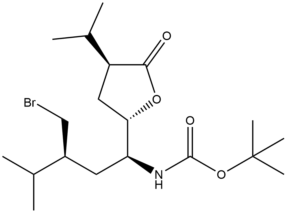 1,1-Dimethylethyl N-[(1S,3S)-3-(bromomethyl)-4-methyl-1-[(2S,4S)-tetrahydro-4-(1-methylethyl)-5-oxo-2-furanyl]pentyl]carbamate 结构式