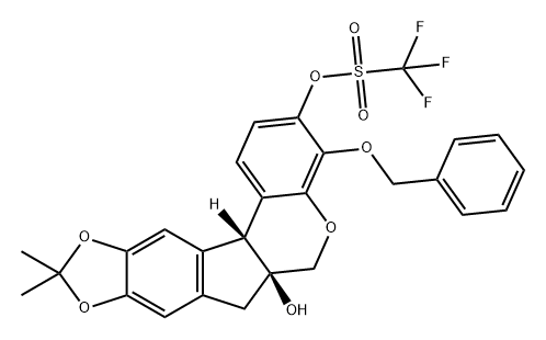 Methanesulfonic acid, 1,1,1-trifluoro-, (6aS,12bR)-6,6a,7,12b-tetrahydro-6a-hydroxy-10,10-dimethyl-4-(phenylmethoxy)[1,3]dioxolo[5,6]indeno[2,1-c][1]benzopyran-3-yl ester 结构式