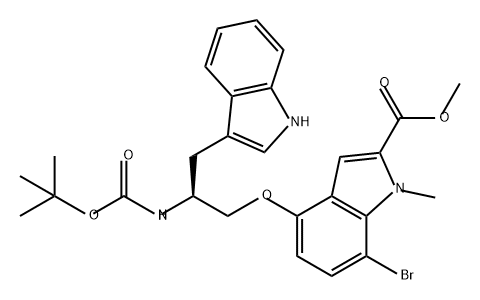 1H-吲哚-2-羧酸,7-溴-4-[(2S)-2-[[(1,1-二甲基乙氧基)羰基]氨基]-3-(1H-吲哚-3-基)丙氧基]-1-甲基-,甲酯 结构式