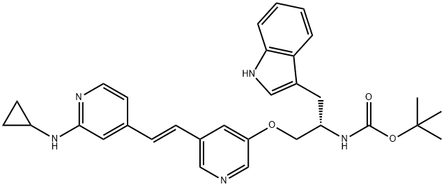 Carbamic acid, [(1S)-2-[[5-[(1E)-2-[2-(cyclopropylamino)-4-pyridinyl]ethenyl]-3-pyridinyl]oxy]-1-(1H-indol-3-ylmethyl)ethyl]-, 1,1-dimethylethyl ester (9CI) 结构式