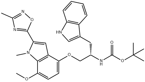 Carbamic acid, N-[(1S)-2-(1H-indol-3-yl)-1-[[[7-methoxy-1-methyl-2-(3-methyl-1,2,4-oxadiazol-5-yl)-1H-indol-4-yl]oxy]methyl]ethyl]-, 1,1-dimethylethyl ester 结构式