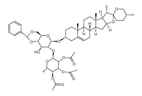 β-D-Glucopyranoside, (3β,25R)-spirost-5-en-3-yl 4,6-O-[(R)-phenylmethylene]-2-O-(2,3,4-tri-O-acetyl-6-deoxy-α-L-mannopyranosyl)- (9CI) 结构式