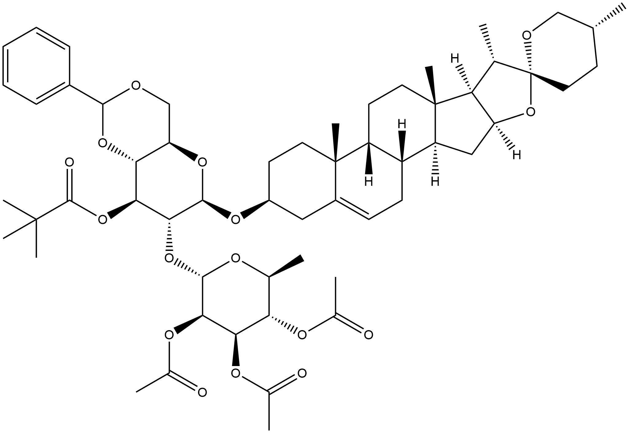 β-D-Glucopyranoside, (3β,25R)-spirost-5-en-3-yl 4,6-O-[(R)-phenylmethylene]-2-O-(2,3,4-tri-O-acetyl-6-deoxy-α-L-mannopyranosyl)-, 3-(2,2-dimethylpropanoate) 结构式