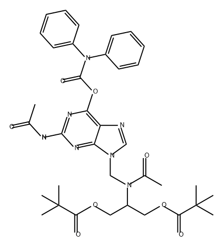 Propanoic acid, 2,2-dimethyl-, 1,1'-[2-[acetyl[[2-(acetylamino)-6-[[(diphenylamino)carbonyl]oxy]-9H-purin-9-yl]methyl]amino]-1,3-propanediyl] ester 结构式