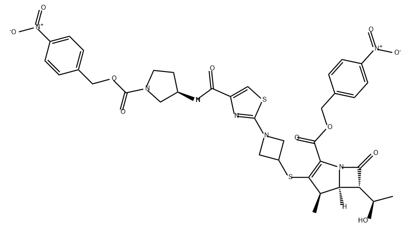 1-氮杂双环[3.2.0]庚-2-烯-2-羧酸,6-[(1R)-1-羟乙基]-4-甲基-3-[[1-[4-[[[(3R)-1-[[(4-硝基苯基)甲氧基]羰基]-3-吡咯烷基]氨基]羰基]-2-噻唑基]-3-氮杂环丁基]硫代]-7-氧代-,(4-硝基苯基)甲酯,(4R,5S,6S)- 结构式