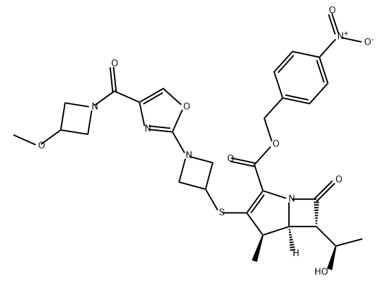 1-Azabicyclo[3.2.0]hept-2-ene-2-carboxylic acid, 6-[(1R)-1-hydroxyethyl]-3-[[1-[4-[(3-methoxy-1-azetidinyl)carbonyl]-2-oxazolyl]-3-azetidinyl]thio]-4-methyl-7-oxo-, (4-nitrophenyl)methyl ester, (4R,5S,6S)- 结构式