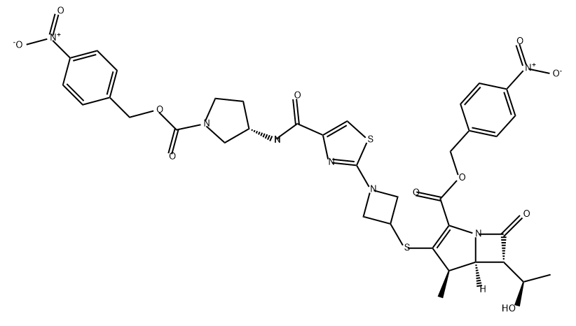 1-Azabicyclo[3.2.0]hept-2-ene-2-carboxylic acid, 6-[(1R)-1-hydroxyethyl]-4-methyl-3-[[1-[4-[[[(3S)-1-[[(4-nitrophenyl)methoxy]carbonyl]-3-pyrrolidinyl]amino]carbonyl]-2-thiazolyl]-3-azetidinyl]thio]-7-oxo-, (4-nitrophenyl)methyl ester, (4R,5S,6S)- 结构式