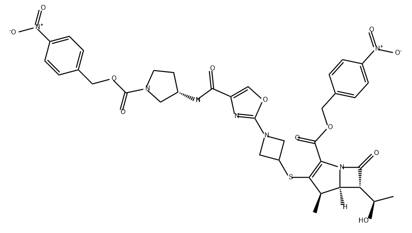 1-Azabicyclo[3.2.0]hept-2-ene-2-carboxylic acid, 6-[(1R)-1-hydroxyethyl]-4-methyl-3-[[1-[4-[[[(3S)-1-[[(4-nitrophenyl)methoxy]carbonyl]-3-pyrrolidinyl]amino]carbonyl]-2-oxazolyl]-3-azetidinyl]thio]-7-oxo-, (4-nitrophenyl)methyl ester, (4R,5S,6S)- 结构式