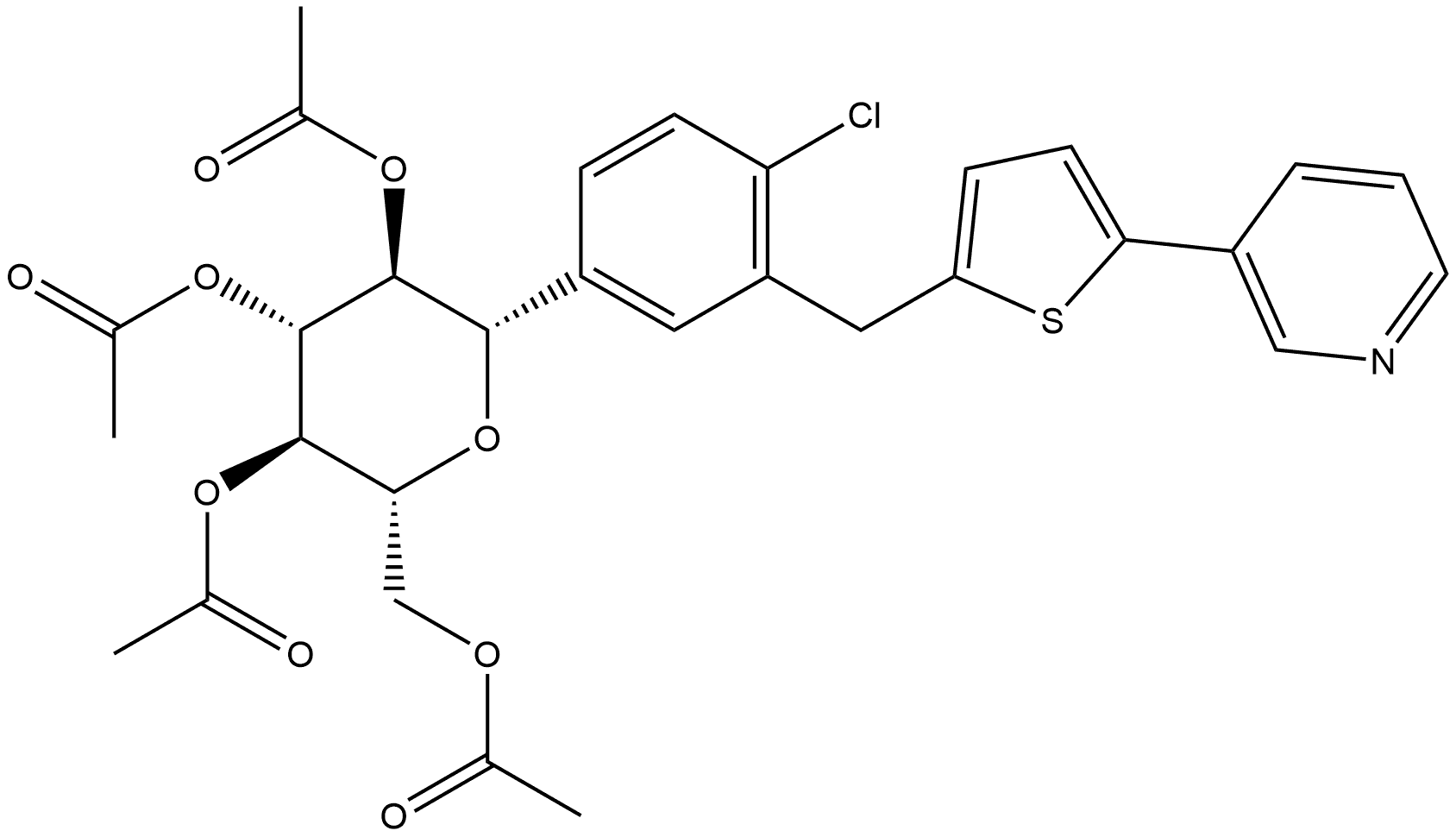 1,5-脱水-1-C-[4-氯-3-[[5-(3-吡啶基)-2-噻吩基]甲基]苯基]-D-葡萄糖醇 2,3,4,6-四乙酸酯,(1S)- 结构式