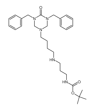 Carbamic acid, [3-[[4-[tetrahydro-4-oxo-3,5-bis(phenylmethyl)-1,3,5-triazin-1(2H)-yl]butyl]amino]propyl]-, 1,1-dimethylethyl ester (9CI) 结构式