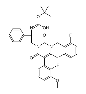Carbamic acid, [(1R)-2-[3-[(2,6-difluorophenyl)methyl]-5-(2-fluoro-3-methoxyphenyl)-3,6-dihydro-4-methyl-2,6-dioxo-1(2H)-pyrimidinyl]-1-phenylethyl]-, 1,1-dimethylethyl ester (9CI) 结构式