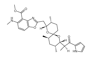 4-Benzoxazolecarboxylic acid, 5-(methylamino)-2-[[(2R,3R,6S,8S,9R,11R)-3,9,11-trimethyl-8-[(1S)-1-methyl-2-oxo-2-(1H-pyrrol-2-yl)ethyl]-1,7-dioxaspiro[5.5]undec-2-yl]methyl]-, methyl ester 结构式
