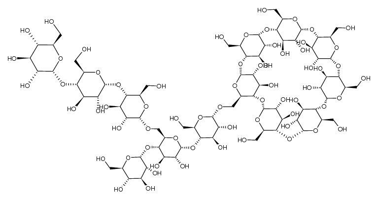 β-Cyclodextrin, O-α-D-glucopyranosyl-(1→4)-O-[O-α-D-glucopyranosyl-(1→4)-O-α-D-glucopyranosyl-(1→4)-α-D-glucopyranosyl-(1→6)]-O-α-D-glucopyranosyl-(1→4)-O-α-D-glucopyranosyl-(1→6A)- (9CI) 结构式
