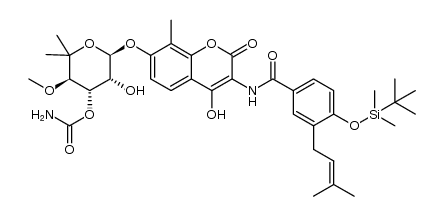 Benzamide, N-[7-[[3-O-(aminocarbonyl)-6-deoxy-5-C-methyl-4-O-methyl-α-L-lyxo-hexopyranosyl]oxy]-4-hydroxy-8-methyl-2-oxo-2H-1-benzopyran-3-yl]-4-[[(1,1-dimethylethyl)dimethylsilyl]oxy]-3-(3-methyl-2-buten-1-yl)- 结构式