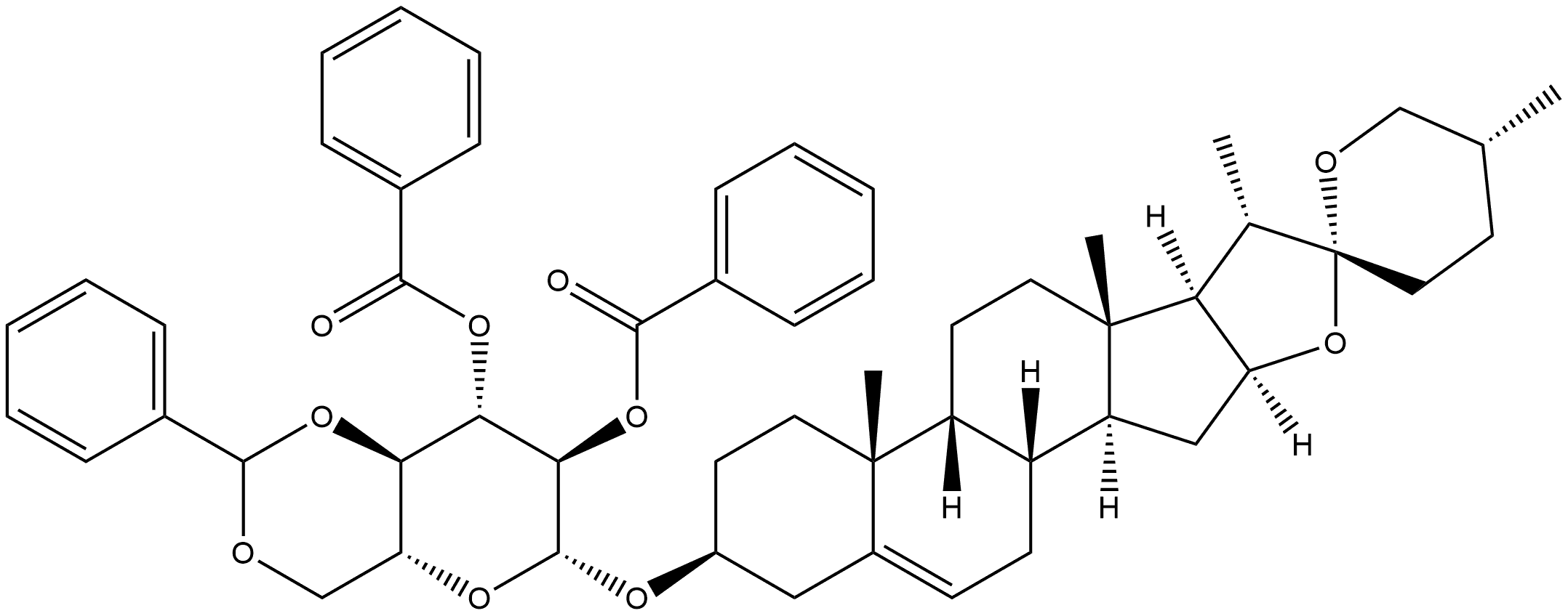 β-D-吡喃葡萄糖苷, (3β,25R)-螺甾-5-烯-3-基 4,6-O-[(R)-苯亚甲基]-, 2,3-二苯甲酸酯 结构式