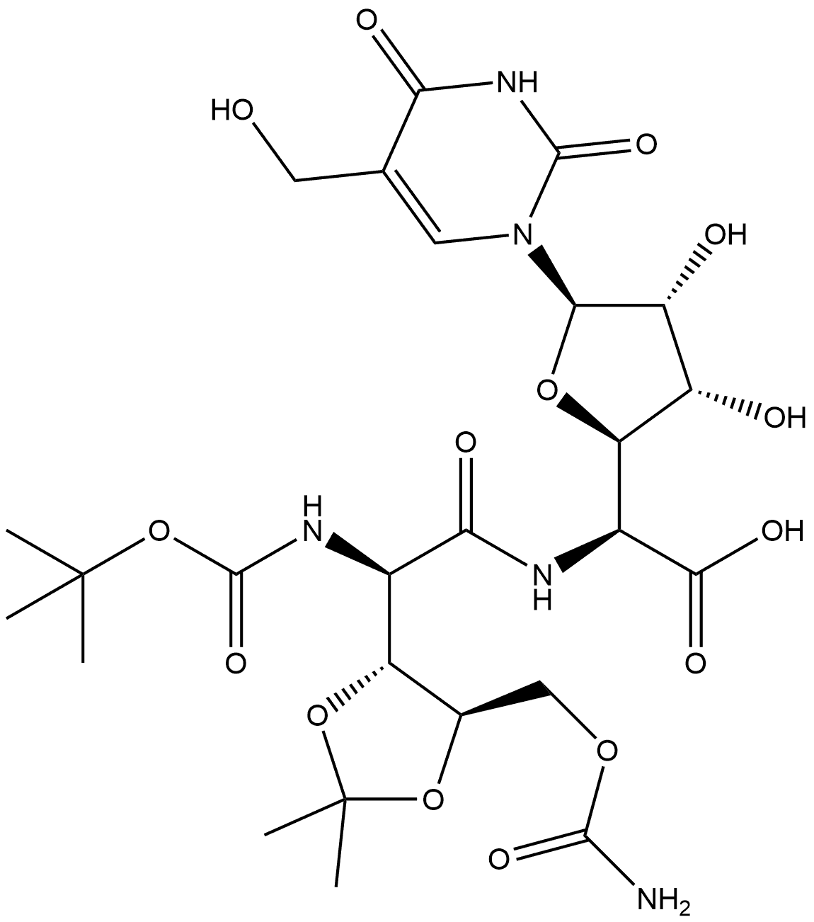 β-D-阿洛呋喃糖醛酸,5-[[5-O-(氨基甲酰基)-2-脱氧-2-[[(1,1-二甲基乙氧基)羰基]氨基]-3,4-O-(1-甲基亚乙基)-D-木糖酰基]氨基]-1,5-二脱氧-1-[3,4-二氢-5-(羟甲基)-2,4-二氧代-1(2H)-嘧啶基]- 结构式