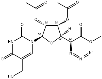5-叠氮基-1,5-二脱氧-1-[3,4-二氢-5-(羟甲基)-2,4-二氧代-1(2H)-嘧啶基]-β-D-阿洛呋喃糖醛酸甲酯 2,3-二乙酸酯 结构式