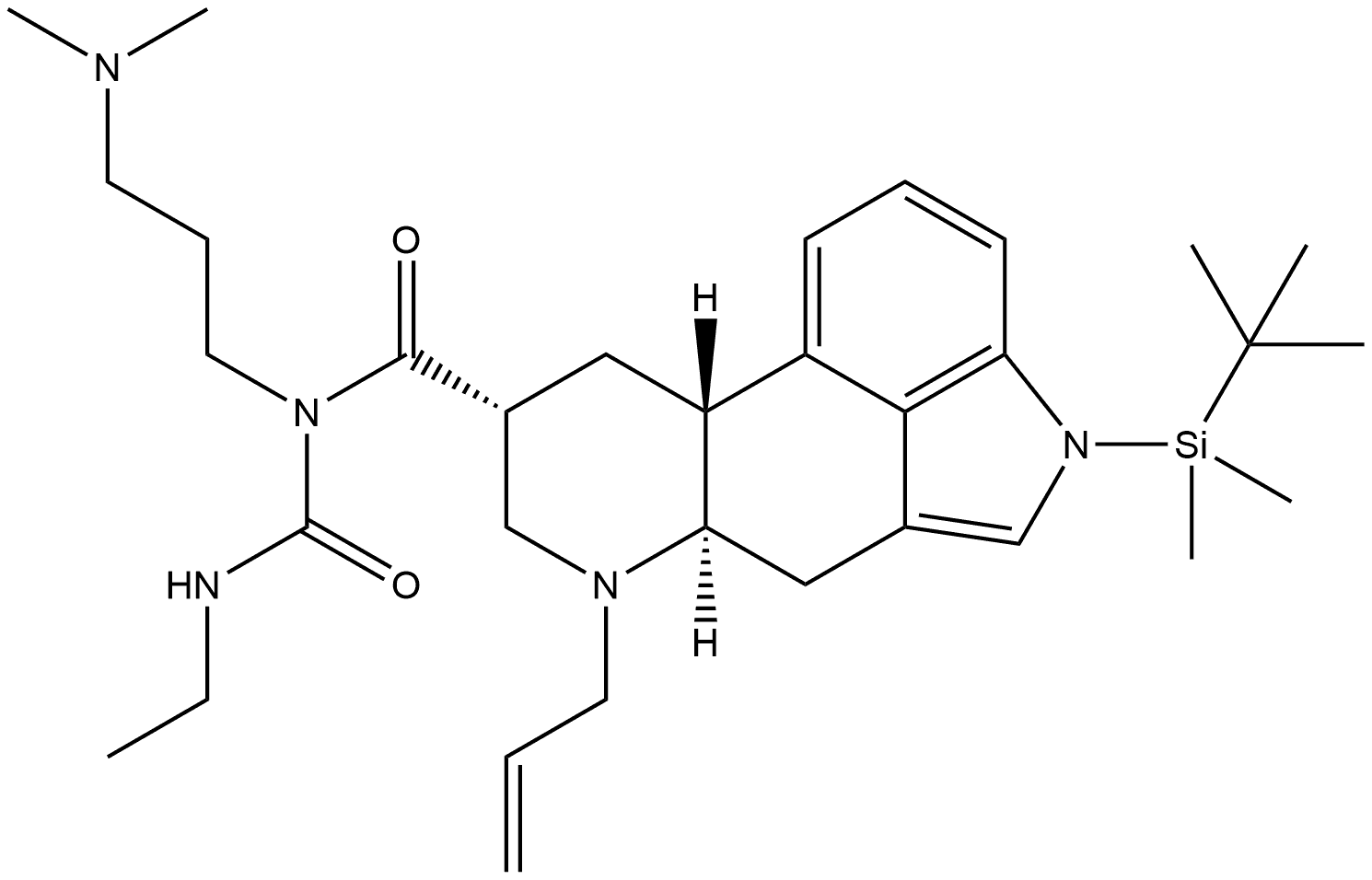 Ergoline-8-carboxamide, N-[3-(dimethylamino)propyl]-1-[(1,1-dimethylethyl)dimethylsilyl]-N-[(ethylamino)carbonyl]-6-(2-propenyl)-, (8β)- (9CI) 结构式