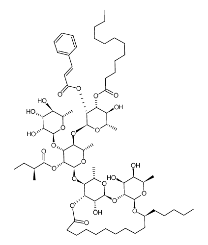 Hexadecanoic acid, 11-[[O-6-deoxy-α-L-mannopyranosyl-(1→3)-O-[6-deoxy-3-O-(1-oxododecyl)-2-O-[(2E)-1-oxo-3-phenyl-2-propen-1-yl]-α-L-mannopyranosyl-(1→4)]-O-6-deoxy-2-O-[(2S)-2-methyl-1-oxobutyl]-α-L-mannopyranosyl-(1→4)-O-6-deoxy-α-L-mannopyranosyl-(1→2)-6-deoxy-β-D-galactopyranosyl]oxy]-, intramol. 1,3′′-ester, (11S)- 结构式