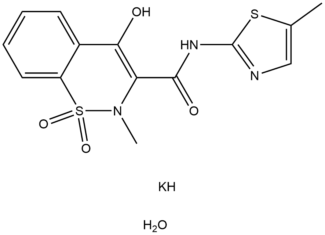 4-羟基-2-甲基-N-(5-甲基-2-噻唑基)-2H-1,2-苯并噻嗪-3-甲酰胺-1,1-二氧化物钾盐水合物(1:1:1) 结构式