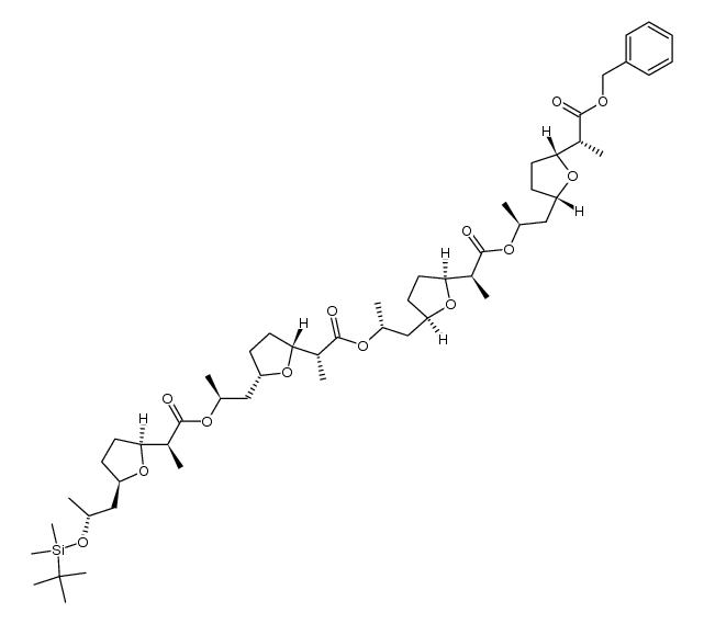 2-Furanacetic acid, 5-[(2R)-2-[[(1,1-dimethylethyl)dimethylsilyl]oxy]propyl]tetrahydro-α-methyl-, (1S)-1-methyl-2-[(2S,5R)-tetrahydro-5-[(1R)-1-methyl-2-[(1R)-1-methyl-2-[(2R,5S)-tetrahydro-5-[(1S)-1-methyl-2-[(1S)-1-methyl-2-[(2S,5R)-tetrahydro-5-[(1R)-1-methyl-2-oxo-2-(phenylmethoxy)ethyl]-2-furanyl]ethoxy]-2-oxoethyl]-2-furanyl]ethoxy]-2-oxoethyl]-2-furanyl]ethyl ester, (αS,2S,5R)- 结构式
