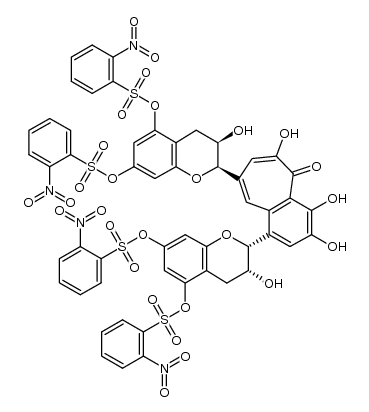 Benzenesulfonic acid, 2-nitro-, 1,1′,1′′,1′′′-[(3,4,6-trihydroxy-5-oxo-5H-benzocycloheptene-1,8-diyl)bis[(2R,3R)-3,4-dihydro-3-hydroxy-2H-1-benzopyran-5,7-diyl]] ester 结构式