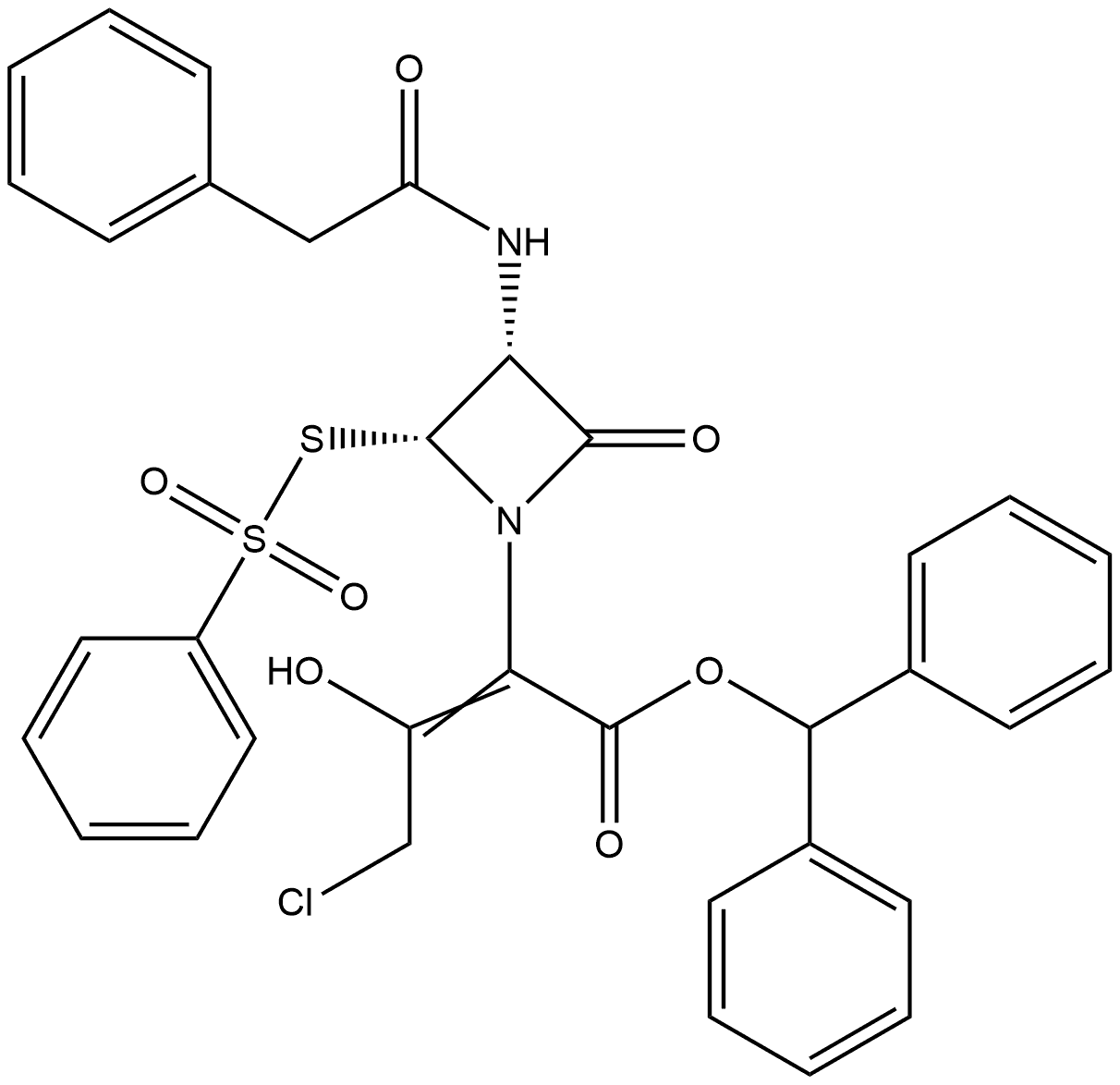 1-氮杂环丁烷乙酸, α-(2-氯-1-羟亚乙基)-2-氧代-3-[(苯乙酰基)氨基]-4-[(苯磺酰基)硫代]-, 二苯甲酯, (3R-顺式)- (9CI) 结构式