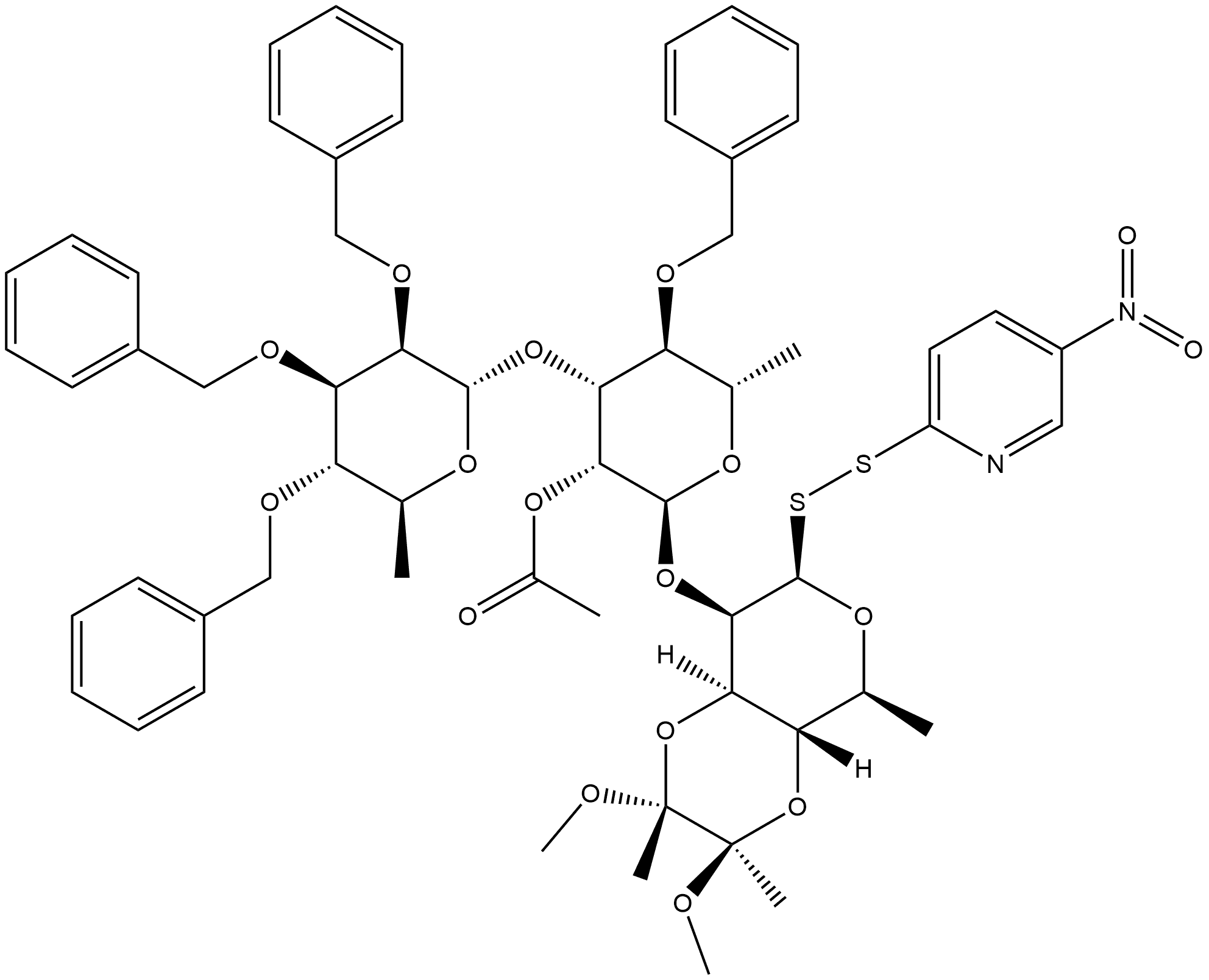 β-L-甘露吡喃糖,O-6-脱氧-2,3,4-三-O-(苯甲基)-α-L-甘露吡喃糖基-(1→3)-O-2-O-乙酰基-6-脱氧-4-O-(苯甲基)-α-L-甘露吡喃糖基-(1→2)-1,6-二脱氧-3,4-O-[(1R,2R)-1,2-二甲氧基-1,2-二甲基-1,2-亚乙基]-1-[(5-硝基-2-吡啶基)二硫代]- 结构式