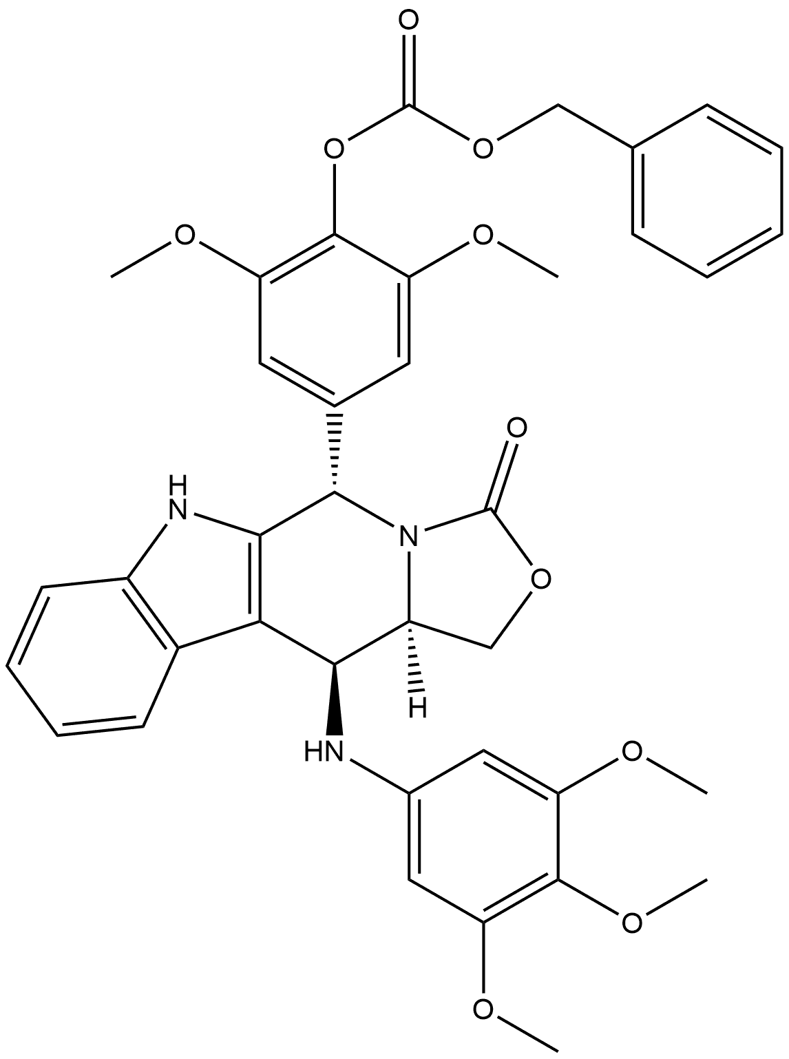 碳酸 2,6-二甲氧基-4-[5,6,11,11a-四氢-3-氧代-11-[(3,4,5-三甲氧基苯基)氨基]-1H,3H-恶唑并[3',4':1,6]吡啶并[3,4-b]吲哚-5-基]苯基苄酯 [5R-(5α,11β,11aα)]- 结构式