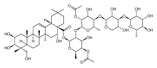 Olean-12-en-28-oic acid, 2,3,16,23-tetrahydroxy-, O-6-deoxy-α-L-mannopyranosyl-(1→3)-O-β-D-xylopyranosyl-(1→4)-O-2-O-acetyl-6-deoxy-α-L-mannopyranosyl-(1→2)-4-O-acetyl-6-deoxy-β-D-galactopyranosyl ester, (2β,3β,4α,16α)- 结构式