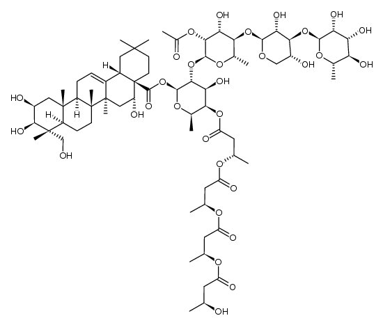 Olean-12-en-28-oic acid, 2,3,16,23-tetrahydroxy-, O-6-deoxy-α-L-mannopyranosyl-(1→3)-O-β-D-xylopyranosyl-(1→4)-O-2-O-acetyl-6-deoxy-α-L-mannopyranosyl-(1→2)-6-deoxy-4-O-[(3S)-3-[(3S)-3-[(3S)-3-[(3S)-3-hydroxy-1-oxobutoxy]-1-oxobutoxy]-1-oxobutoxy]-1-oxobutyl]-β-D-galactopyranosyl ester, (2β,3β,4α,16α)- 结构式