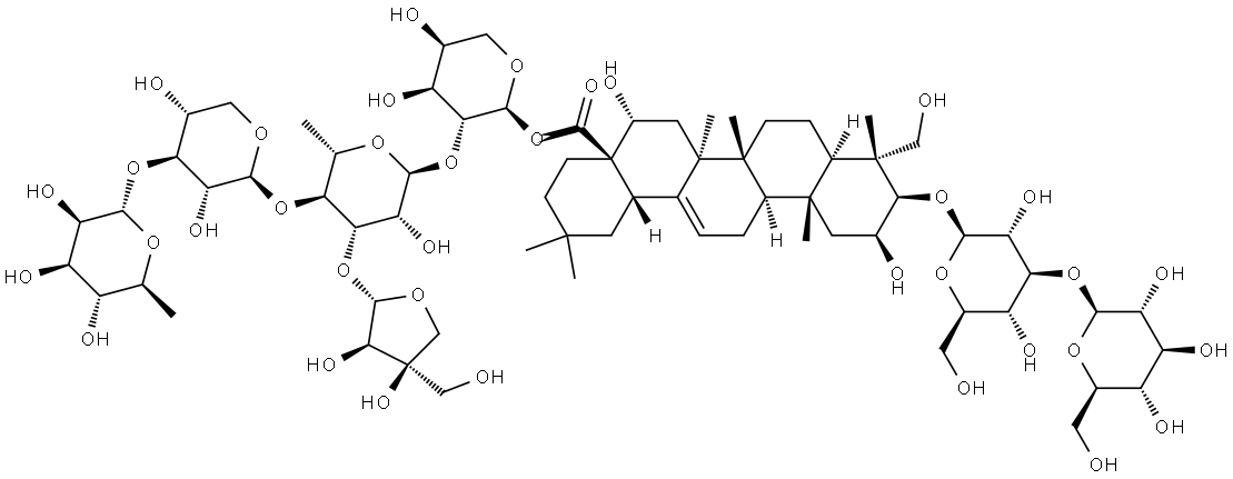 Olean-12-en-28-oic acid, 3-[(3-O-β-D-glucopyranosyl-β-D-glucopyranosyl)oxy]-2,16,23-trihydroxy-, O-6-deoxy-α-L-mannopyranosyl-(1→3)-O-β-D-xylopyranosyl-(1→4)-O-[D-apio-β-D-furanosyl-(1→3)]-O-6-deoxy-α-L-mannopyranosyl-(1→2)-α-L-arabinopyranosyl ester, (2β,3β,4α,16α)- 结构式