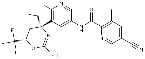 2-吡啶甲酰胺,N-[5-[(4S,6S)-2-氨基-4-(氟甲基)-5,6-二氢-6-(三氟甲基)-4H-1,3-恶嗪-4-基]-6-氟-3-吡啶基]-5-氰基-3-甲基- 结构式