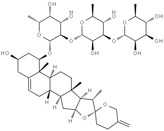 β-D-吡喃半乳糖苷, (1β,3β)-3-羟基螺甾-5,25(27)-二烯-1-基 O-6-脱氧-α-L-吡喃甘露糖基-(1→3)-O-6-脱氧-α-L-吡喃甘露糖基-(1→2)-6-脱氧- 结构式