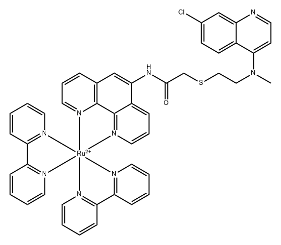 二(2,2'-联吡啶-κN1,κN10)[2-[[2-[(7-氯-4-喹啉基)甲氨基]乙基]硫代]-N-(1,10-菲咯啉-5-基-κN1,κN10)乙酰胺]合钌(2+), (OC-6-33)- 结构式