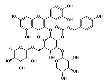 山奈酚-3-O-[α-L-吡喃阿拉伯糖基(1→3)][2-O-(E)-对香豆酰基][α-L-吡喃鼠李糖基(1→6)]-β-D-吡喃葡萄糖苷 结构式