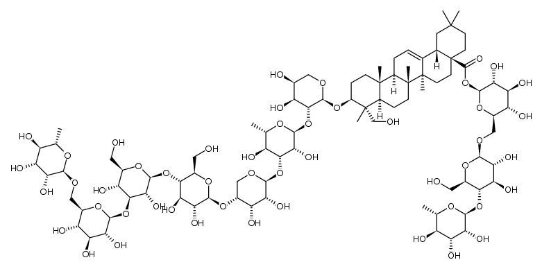 Olean-12-en-28-oic acid, 3-[(O-6-deoxy-α-L-mannopyranosyl-(1→6)-O-β-D-glucopyranosyl-(1→3)-O-β-D-glucopyranosyl-(1→4)-O-β-D-glucopyranosyl-(1→4)-O-β-D-allopyranosyl-(1→3)-O-6-deoxy-α-L-mannopyranosyl-(1→2)-α-L-arabinopyranosyl)oxy]-23-hydroxy-, O-6-deoxy-α-L-mannopyranosyl-(1→4)-O-β-D-glucopyranosyl-(1→6)-β-D-glucopyranosyl ester, (3β,4α)- 结构式
